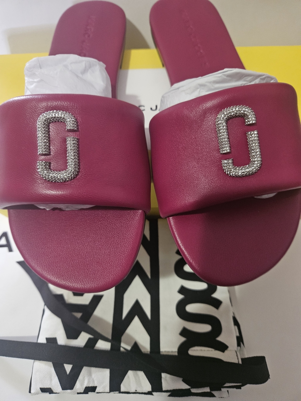 Marc Jacobs Fuchsia Slide Sandals with Crystal Logo Accent - Picture 5 of 11